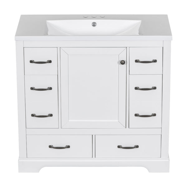 English Elm 36" Modern Bathroom Vanity with Ceramic Sink, Six Drawers, Adjustable Shelf, Solid Wood Build White SY999808AAK-6