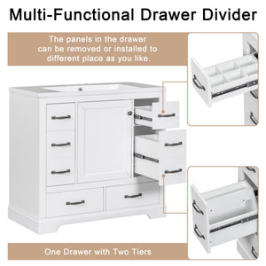 English Elm 36" Modern Bathroom Vanity Cabinet Base with Six Drawers, Adjustable Shelf & Drawer Organizer White WF307973AAK
