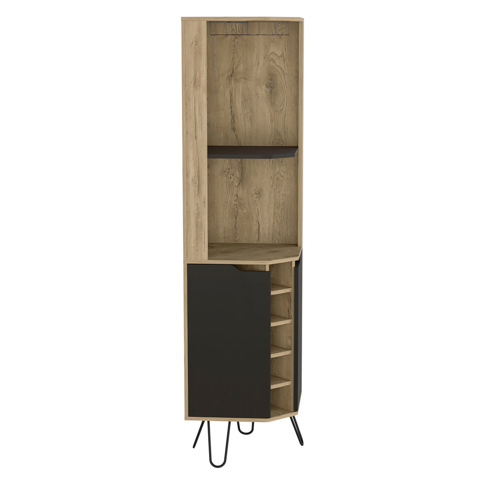 English Elm Audra Corner Bar Cabinet with Six Wine Rack, Cup Rack, Multiple Shelves in Black & Walnut Finish B200S00403