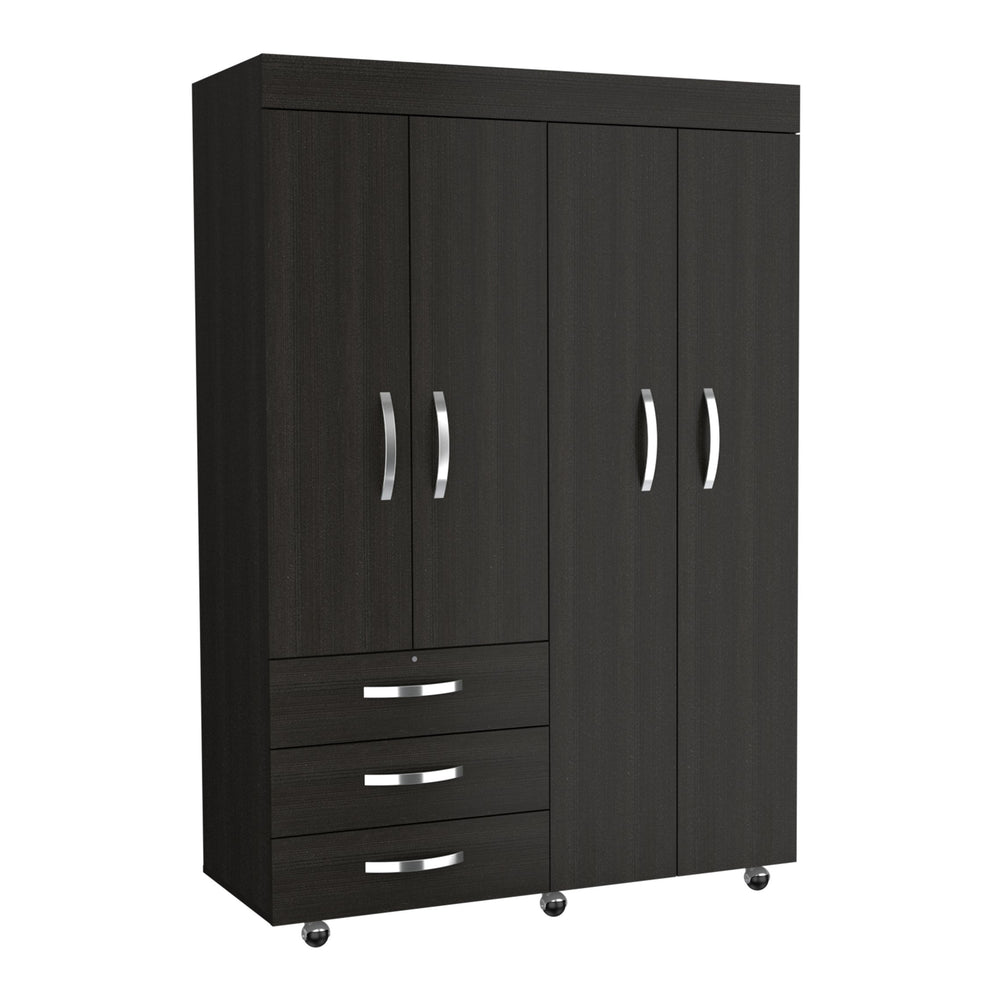 English Elm Denver 68" Mobile Armoire with Hanging Rods, Double Door Cabinet, 3 Drawers & 2 Shelves, Black Durable Particle Board Storage B200S00284