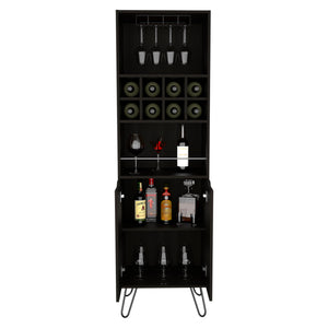 English Elm Manhattan Black Tall Bar Cabinet with 8 Wine Cubbies, Slanted Steel Legs, Glassware Storage, Modern Design B200S00055