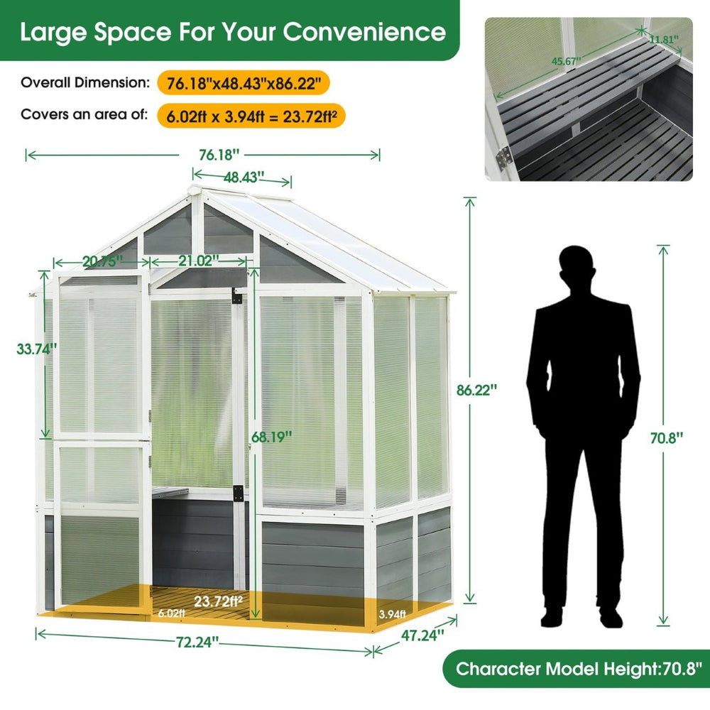 English Elm Greenhouse, Pine Frame Polycarbonate Walk-in Grow House with Shelves for Backyard Patio W1850S00003