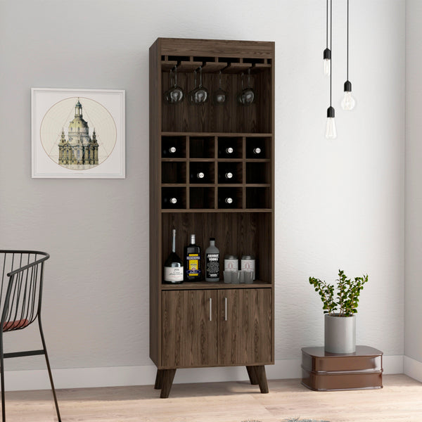 English Elm Oslo Modern Bar Cabinet with 12-Bottle Cubbies, Double Doors, 2 Shelves & 9-Glass Stemware Rack B070S00066