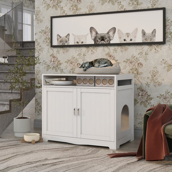 English Elm Litter Box Enclosure - Stylish Cat Furniture With Hidden Plug, Dual Doors & Ample Storage For Pets W42090259
