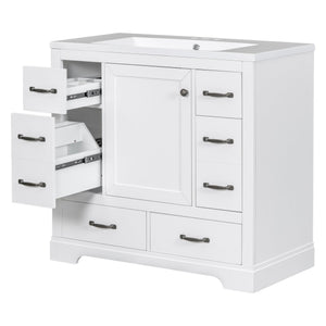 English Elm 36" Modern Bathroom Vanity with Ceramic Sink, Six Drawers, Adjustable Shelf, Solid Wood Build White SY999808AAK-6
