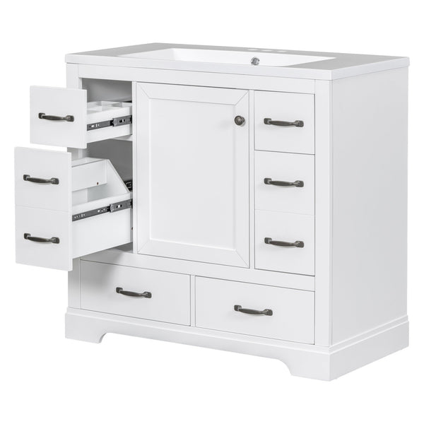 English Elm 36" Modern Bathroom Vanity with Ceramic Sink, Six Drawers, Adjustable Shelf, Solid Wood Build White SY999808AAK-6