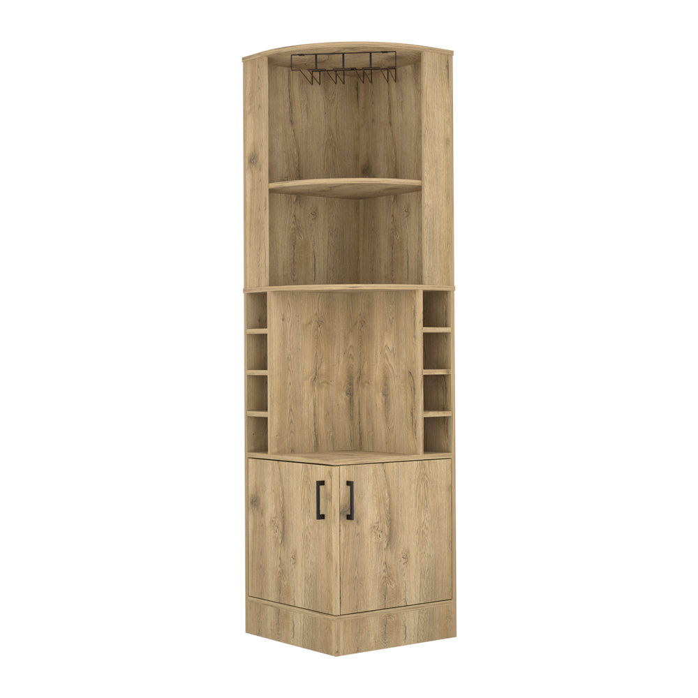English Elm Syrah Corner Bar Cabinet with 8 Bottle Cubbies, 12-Glass Rack, Double Doors & Display Shelf for Home Spirits Old Pine 46 L x 23 W x 6 H B070P211048