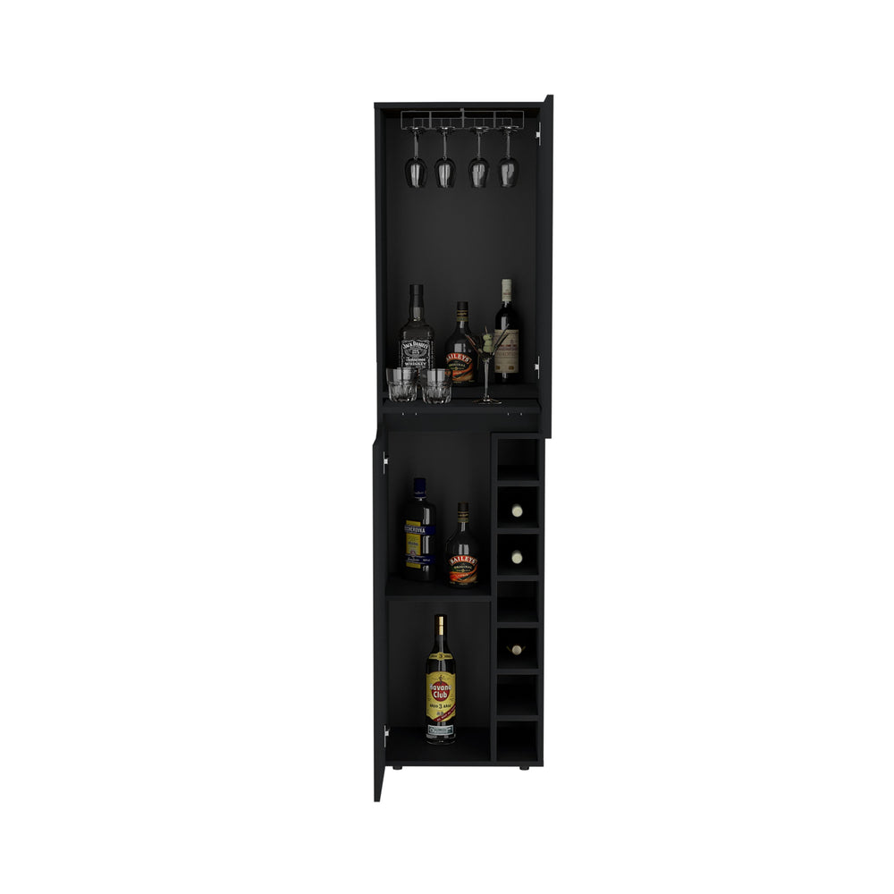 English Elm Obregon Black Tall Cabinet with 7 Cubbies, Built-In Wine Rack & Stemware Holder, Adjustable Shelves B200S00184