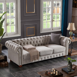 English Elm Chesterfield linen sofa with solid wood frame, deep tufted classic design, durable foam seats for 3 LIGHT GREY W1097S00079