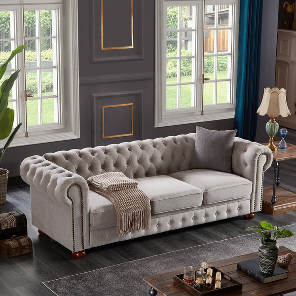 English Elm Chesterfield linen sofa with solid wood frame, deep tufted classic design, durable foam seats for 3 LIGHT GREY W1097S00079