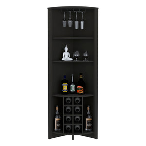 English Elm Essential Corner Bar Cabinet with Wine Rack & Cup Holders, Space-Saving Three-Tier Storage Solution Black 74 L x 24 W x 3 H B200S00406