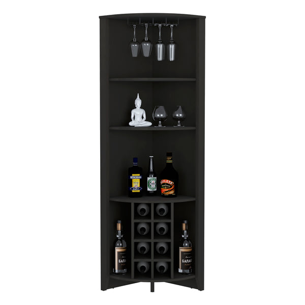 English Elm Essential Corner Bar Cabinet with Wine Rack & Cup Holders, Space-Saving Three-Tier Storage Solution Black 74 L x 24 W x 3 H B200S00406