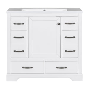 English Elm 36" Modern Bathroom Vanity with Ceramic Sink, Six Drawers, Adjustable Shelf, Solid Wood Build White SY999808AAK-6