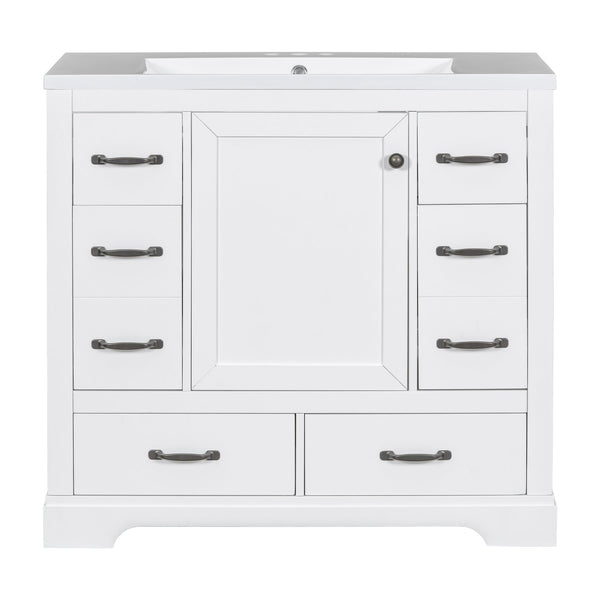English Elm 36" Modern Bathroom Vanity with Ceramic Sink, Six Drawers, Adjustable Shelf, Solid Wood Build White SY999808AAK-6