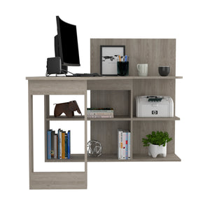 English Elm Masai L-Shaped Writing Desk With 5 Open Shelves - Modern Light Gray Finish For Home Office B200S00057