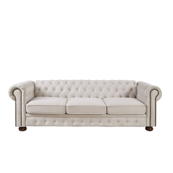 English Elm Chesterfield linen sofa with solid wood frame, deep tufted classic design, durable foam seats for 3 Beige W1097S00078