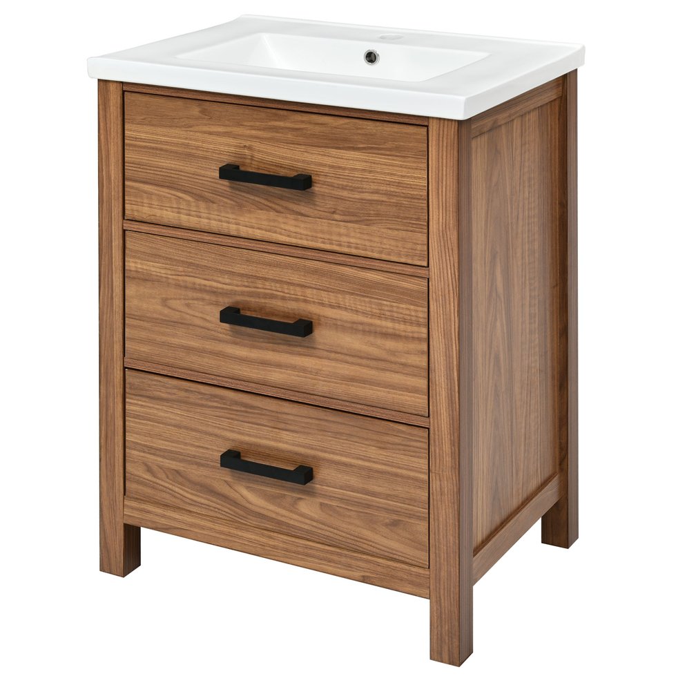 English Elm 24'' 24" Bathroom Vanity with Ceramic Basin, Vintage Wood Grain Gloss Countertop, 3-Drawer Storage Cabinet N710P243315P