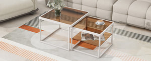 English Elm On-trend Nesting Coffee Table Set Brown Tempered Glass Tops White Metal Living Room WF307975AAK