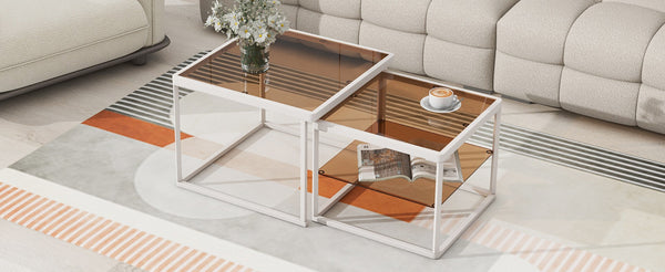 English Elm On-trend Nesting Coffee Table Set Brown Tempered Glass Tops White Metal Living Room WF307975AAK