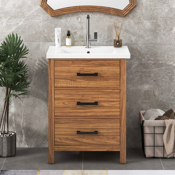 English Elm 24'' 24" Bathroom Vanity with Ceramic Basin, Vintage Wood Grain Gloss Countertop, 3-Drawer Storage Cabinet N710P243315P