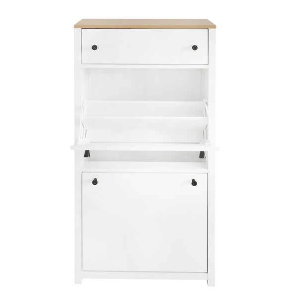English Elm On-trend Slim Flip Drawer Shoe Cabinet Wood Grain Top Entryway Storage Modern White SD000023AAK