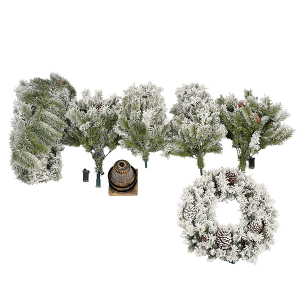 English Elm Pre-lit 7ft Artificial Christmas Set with 325 Warm LED Lights, Garland, Wreath & 2 Entry Trees (Flame‑Resistant) PX307760AAF