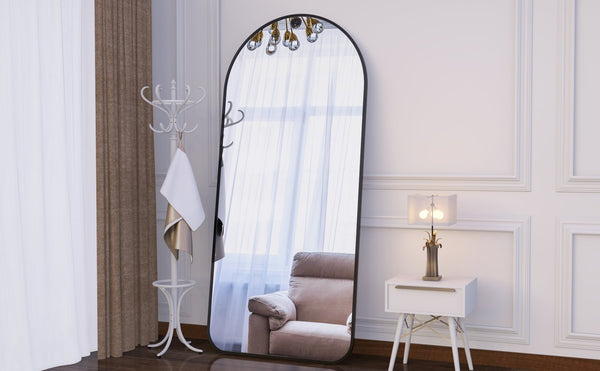 English Elm Arch Oversized 71"x32" Full Length Mirror with Elegant Arch Frame, Black Metal Leaning Floor Mirror W708P297677