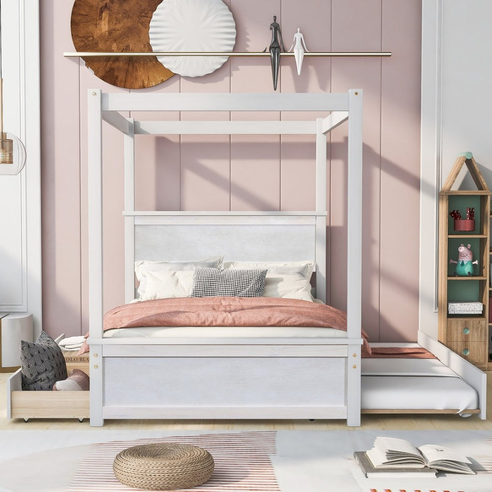 English Elm Wood Canopy Platform Bed Full Size with Trundle Storage Drawers Slat Support LP000905AAK