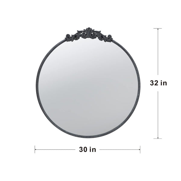English Elm 30" Round Baroque Ornamental Iron Wall Mirror Matte Entryway Powder Room Statement Piece Black W2078124101