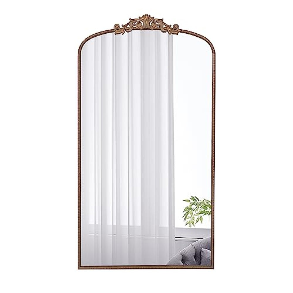 English Elm 66" Arched Gold Full Length Mirror Baroque Medallion Crown Leaning or Hanging Wall Accent W2078124104