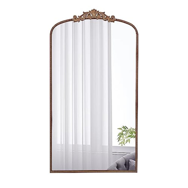 English Elm 66" Arched Gold Full Length Mirror Baroque Medallion Crown Leaning or Hanging Wall Accent W2078124104
