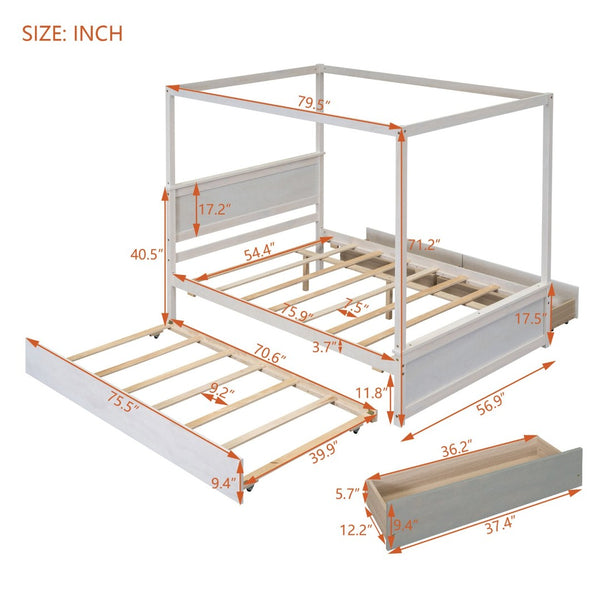 English Elm Wood Canopy Platform Bed Full Size with Trundle Storage Drawers Slat Support LP000905AAK