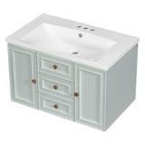 English Elm 30" Wall Mounted Bathroom Vanity With Sink Combo, Functional Drawer, Solid Wood & Mdf Board & Ceramic, Green