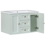 English Elm 30" Wall Mounted Bathroom Vanity With Sink Combo, Functional Drawer, Solid Wood & Mdf Board & Ceramic, Green