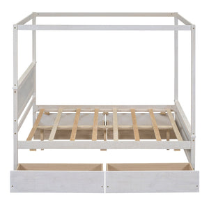 English Elm Wood Full Size Canopy Platform Bed Four Storage Drawers Brushed White Finish LP000903AAK