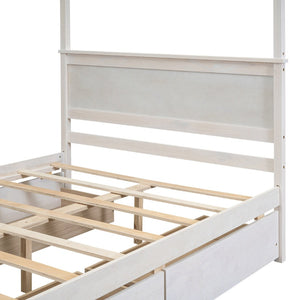 English Elm Wood Full Size Canopy Platform Bed Four Storage Drawers Brushed White Finish LP000903AAK