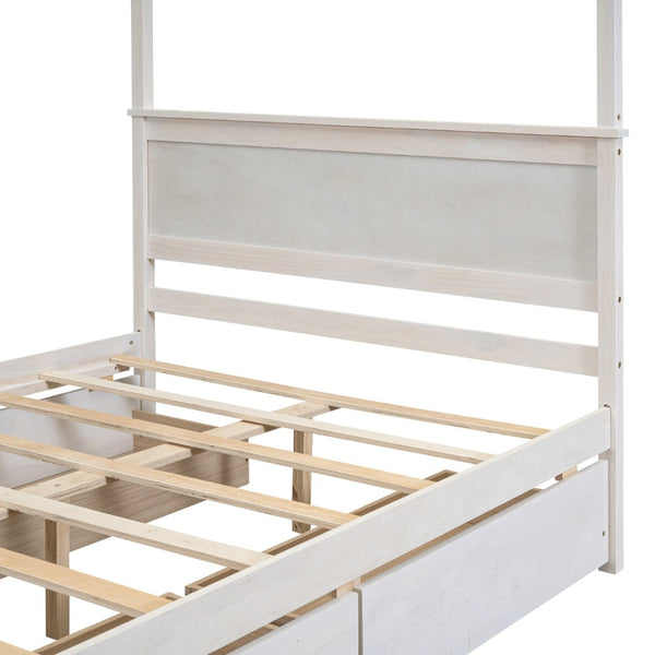 English Elm Wood Full Size Canopy Platform Bed Four Storage Drawers Brushed White Finish LP000903AAK