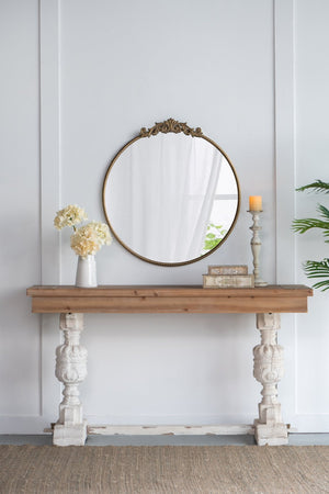 English Elm 30" Round Baroque Ornamental Iron Wall Mirror Matte Entryway Powder Room Statement Piece Gold W2078124100
