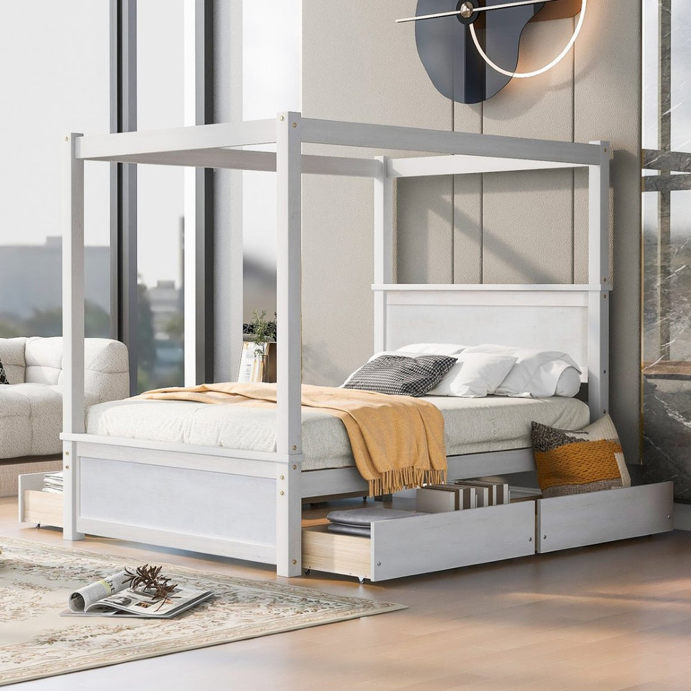 English Elm Wood Full Size Canopy Platform Bed Four Storage Drawers Brushed White Finish LP000903AAK