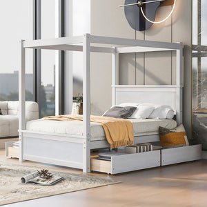 English Elm Wood Full Size Canopy Platform Bed Four Storage Drawers Brushed White Finish LP000903AAK