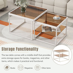 English Elm On-trend Nesting Coffee Table Set Brown Tempered Glass Tops White Metal Living Room WF307975AAK