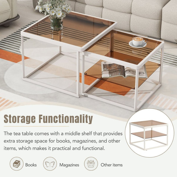 English Elm On-trend Nesting Coffee Table Set Brown Tempered Glass Tops White Metal Living Room WF307975AAK
