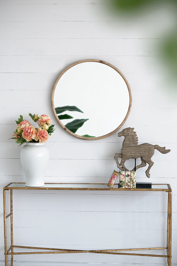 English Elm 28" Round Fir Wood Wall Mirror Thin Frame Warm Finish for Bathroom or Living Room W2078124099