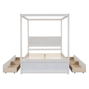 English Elm Wood Full Size Canopy Platform Bed Four Storage Drawers Brushed White Finish LP000903AAK