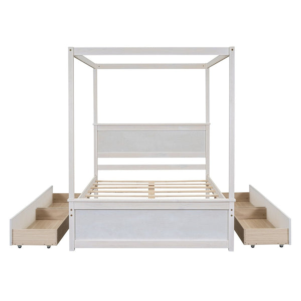 English Elm Wood Full Size Canopy Platform Bed Four Storage Drawers Brushed White Finish LP000903AAK