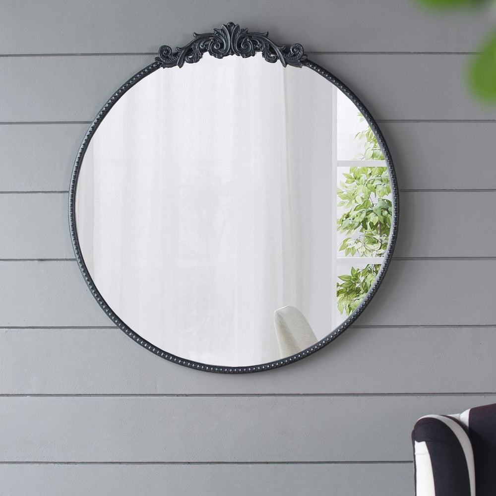English Elm 30" Round Baroque Ornamental Iron Wall Mirror Matte Entryway Powder Room Statement Piece Black W2078124101