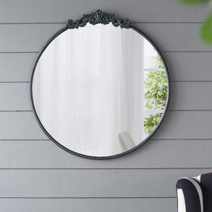 English Elm 30" Round Baroque Ornamental Iron Wall Mirror Matte Entryway Powder Room Statement Piece Black W2078124101