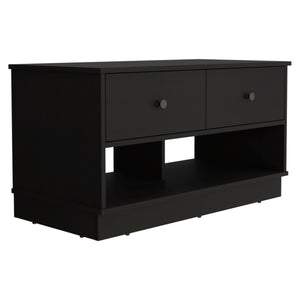 English Elm Hamilton Storage Bench with Two Drawers and Open Shelves for Entryway, Shoe Storage, 35.8"W x 19.9"H Black 40.6 L x 22.8 W x 6.3 H B20091910