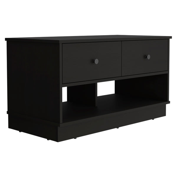 English Elm Hamilton Storage Bench with Two Drawers and Open Shelves for Entryway, Shoe Storage, 35.8"W x 19.9"H Black 40.6 L x 22.8 W x 6.3 H B20091910