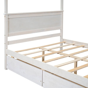 English Elm Wood Canopy Platform Bed Full Size Storage Drawers Brushed White Modern Frame WF303304AAK